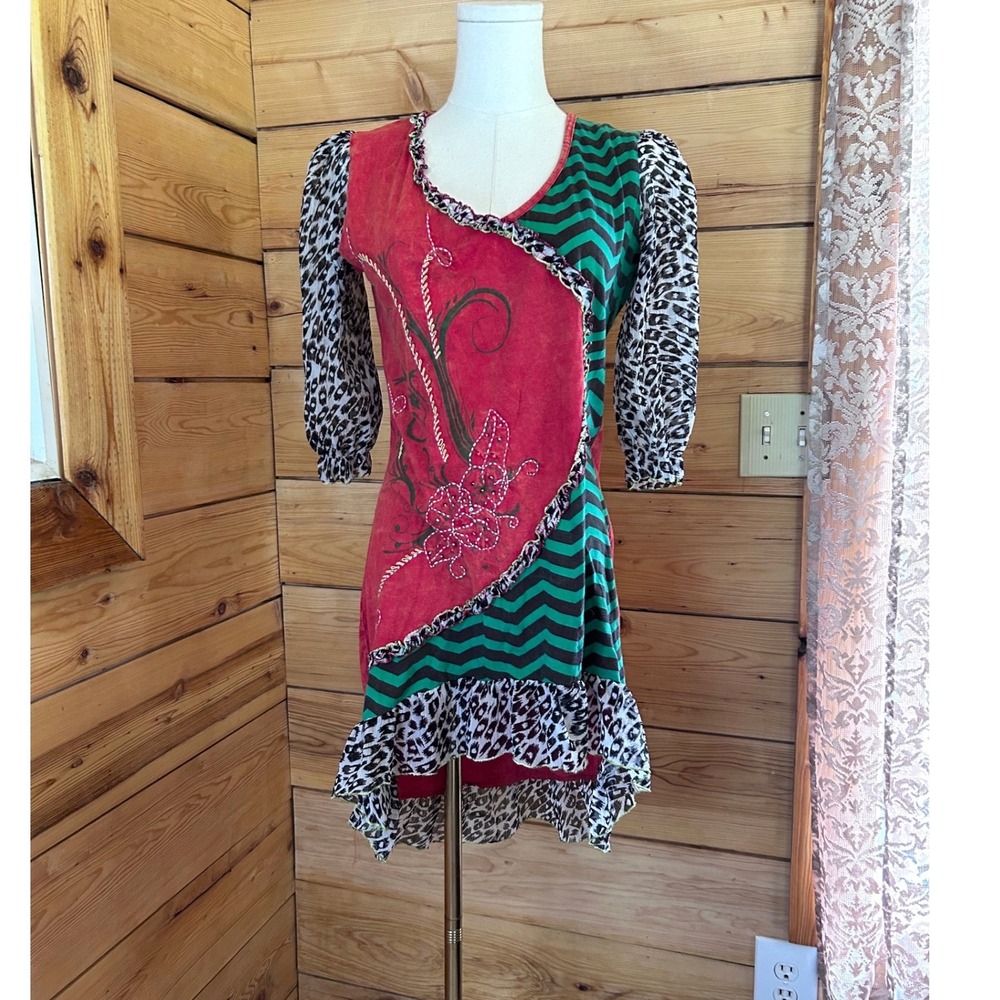 Patchwork Mixed Media Tunic Dress Womens Medium Red Leopard Rising International